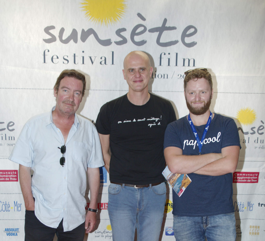 Philippe Duquesne, acteur et Mathias Rifkiss, realisateur pour la Voix du Pere, court-metrage en competition au Palace lors de la 2nde journee du Sunsete Festival du Film en compagnie de Laurent Mesguich, president fondateur