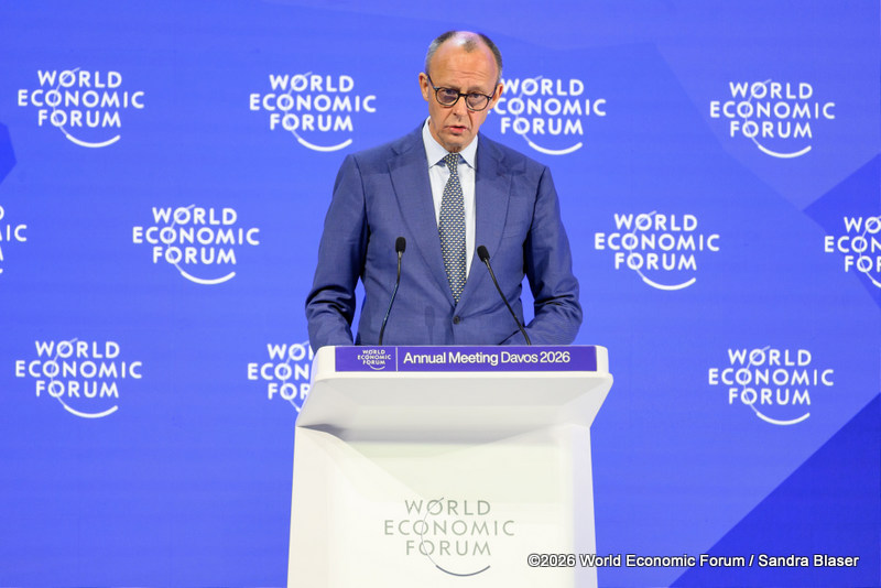Special Address by Friedrich Merz, Federal Chancellor of Germany session with Børge Brende, President and CEO, World Economic Forum, Switzerland; Friedrich Merz, Federal Chancellor of Germany; at the World Economic Forum Annual Meeting 2026 in Davos-Klosters, Switzerland, on 22/1/2026 from 11:30 to 12:00 in the Congress Centre – Congress Hall (Zone C), Plenary. (special address/germany). ©2026 World Economic Forum / Sandra Blaser