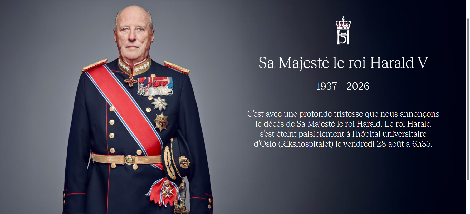 Annonce officielle de la mort du roi Harald V par la Maison royale de Norvège